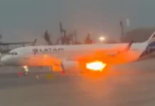 Asa de aeronave da Latam pega fogo durante decolagem no Peru; veja vídeo